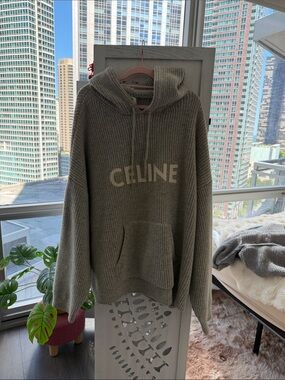CELINE -Grey Ribbed Logo Hoodie Sweater